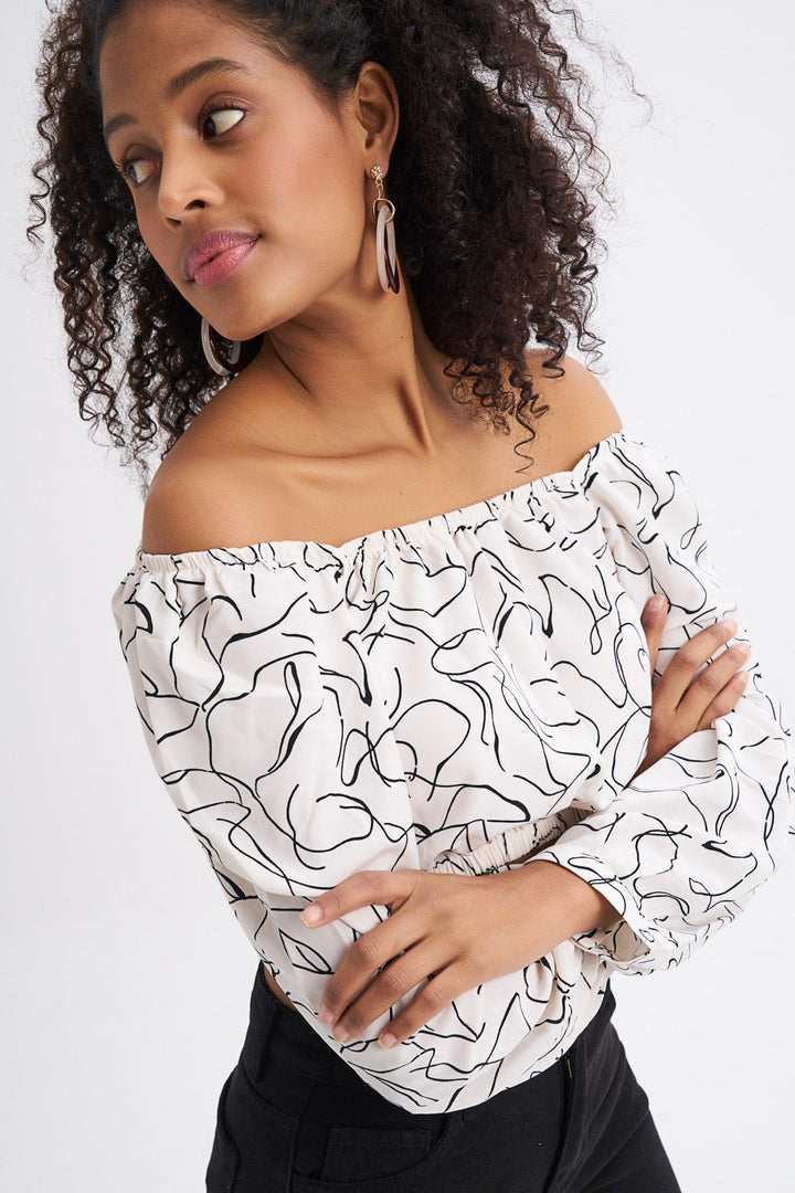 Patterned Tie Back Crop Blouse Ecru