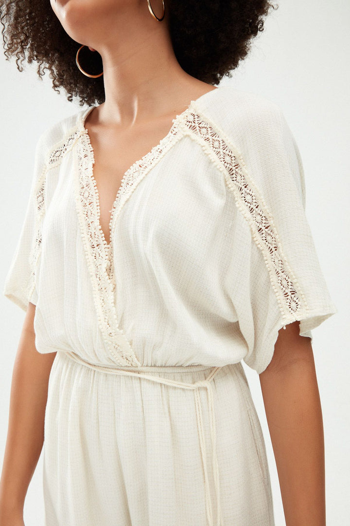 Double Breasted Guipure Linen Overalls Natural