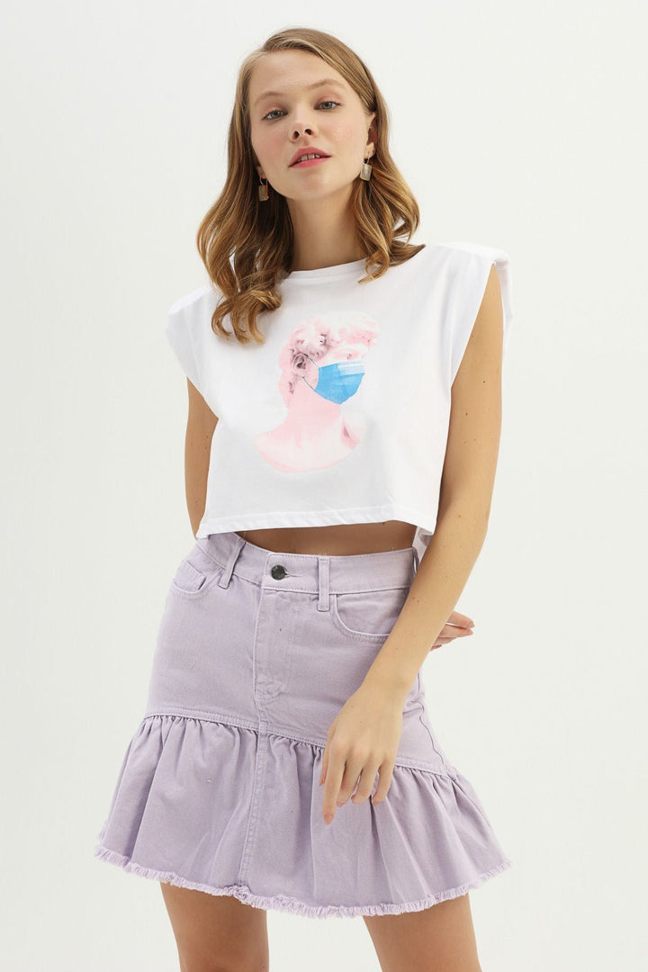 Baskılı Vatkalı Tişört Beyaz