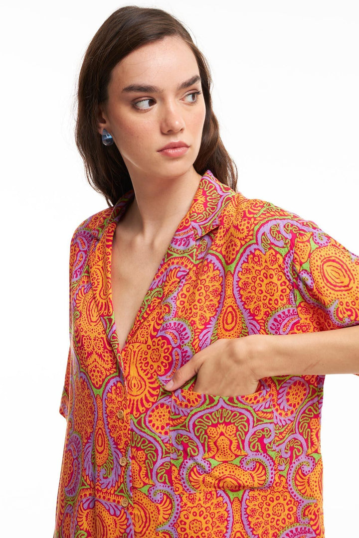 Desenli Kısa Kollu Gömlek Turuncu