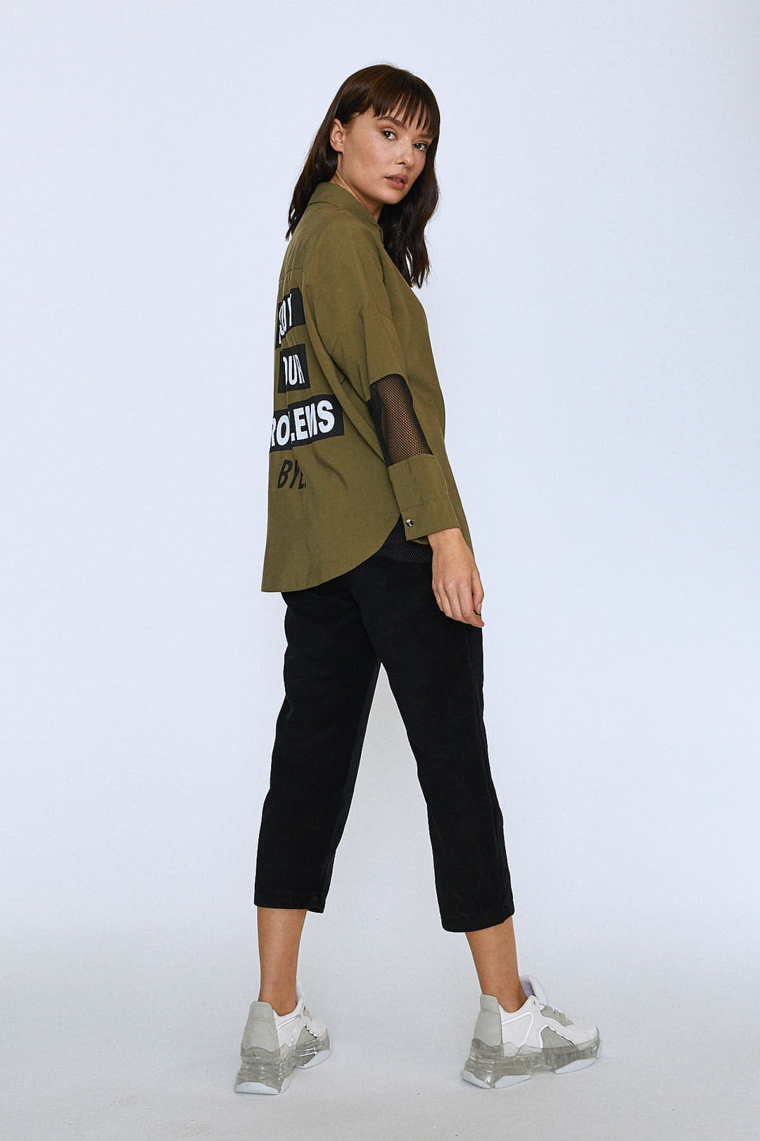 Back Printed Mesh Tencel Shirt Khaki