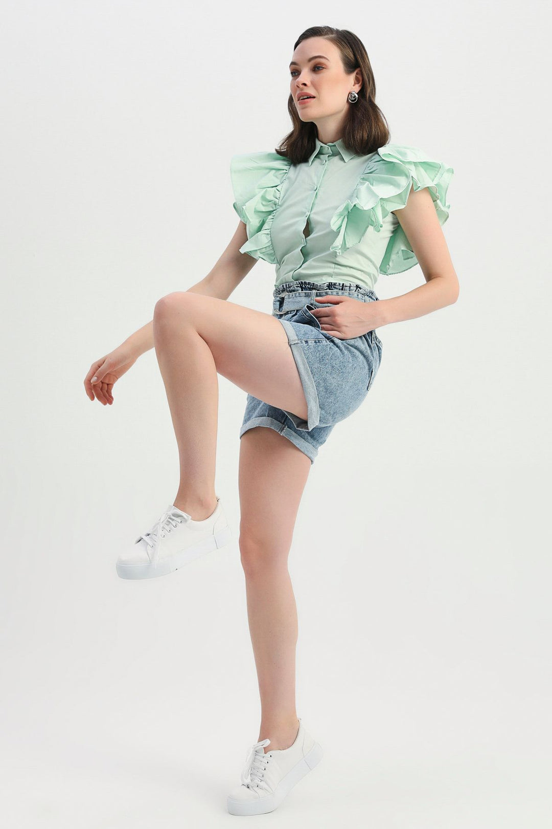 Belted High Waist Denim Shorts Light Blue