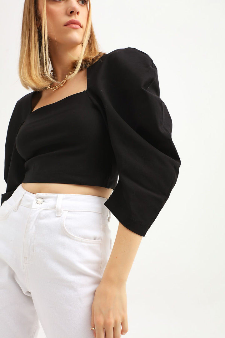 Balloon Sleeve Square Collar Crop Blouse Black