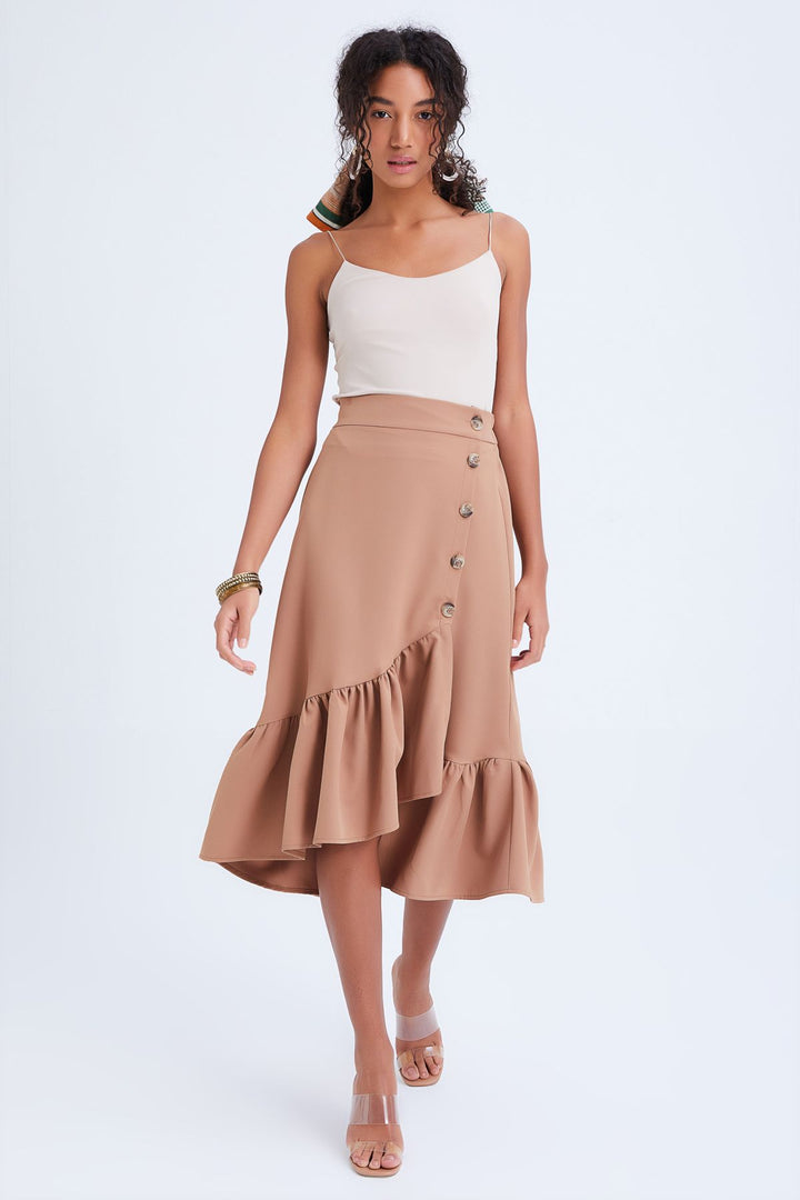 Button Detailed Frilly Skirt Camel