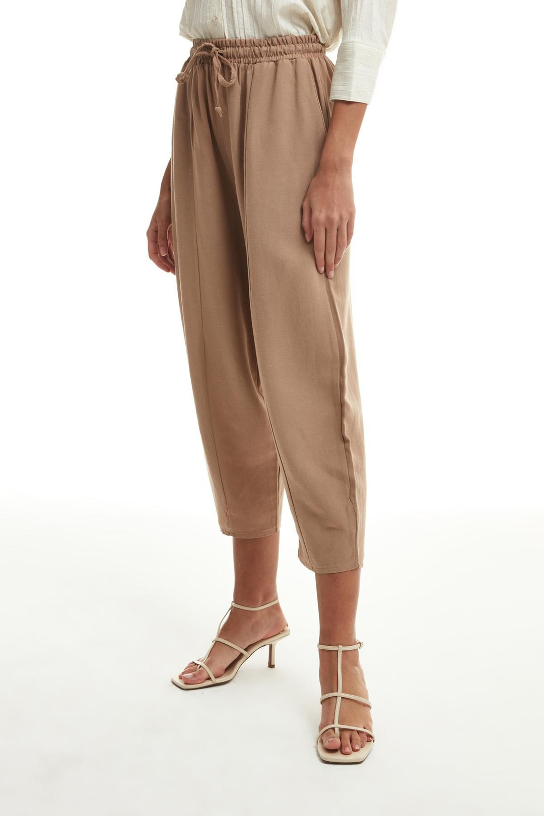 Beli Lastikli Keten Pantolon Vizon