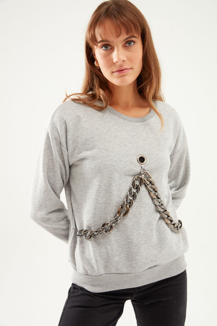 Zincir Aksesuarlı Sweatshirt Gri
