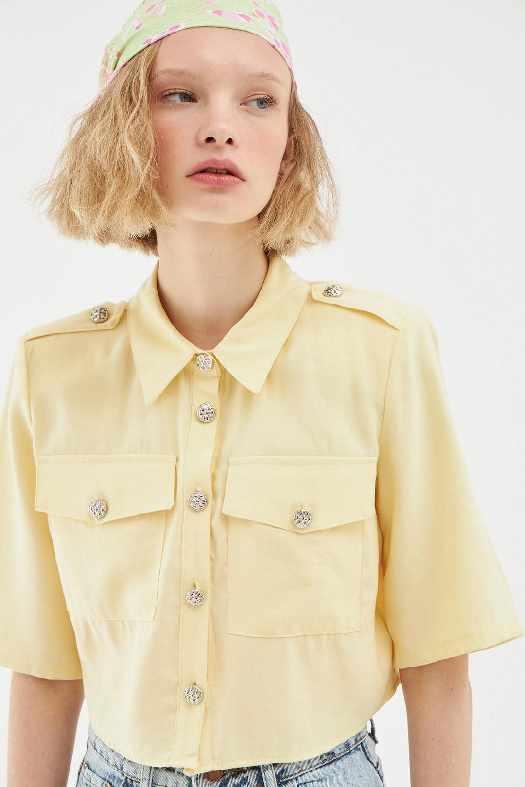 Düğme Detaylı Crop Gömlek Sarı