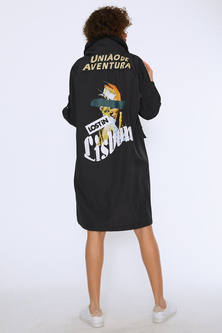 Printed Back Hooded Long Trench Coat Black