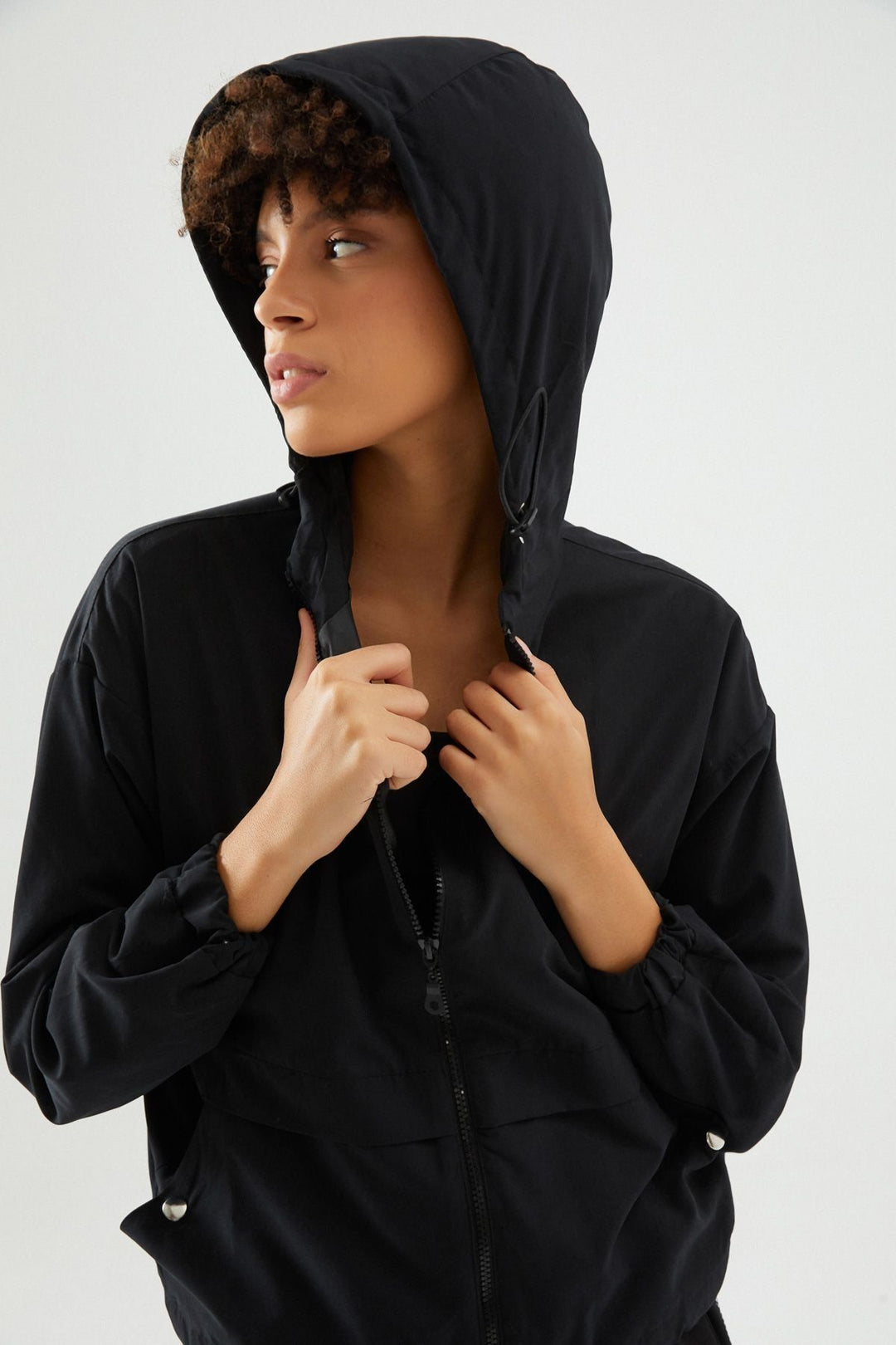 Hooded Gathered Waist Raincoat Black
