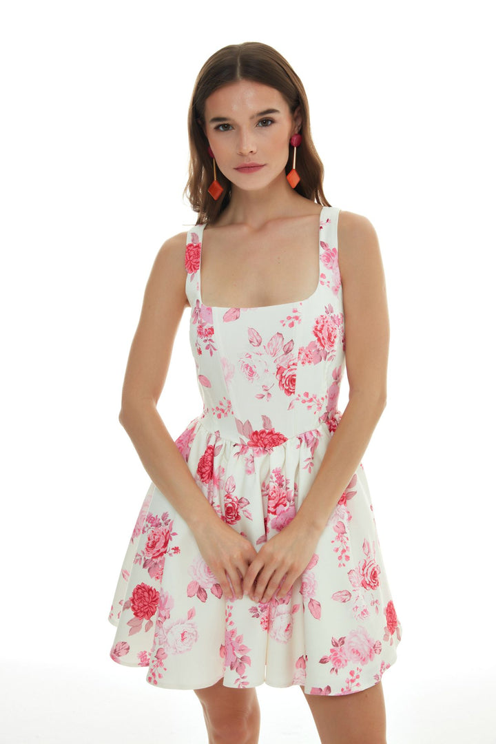 Underwire Detailed Floral Mini Dress Ecru