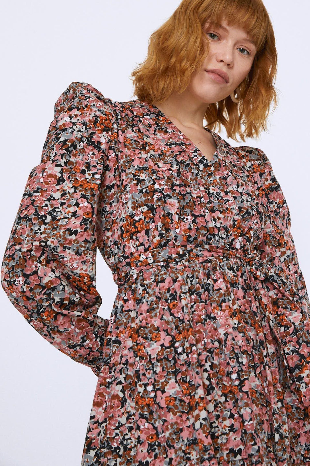 Waist Belted V-Neck Floral Dress Rose