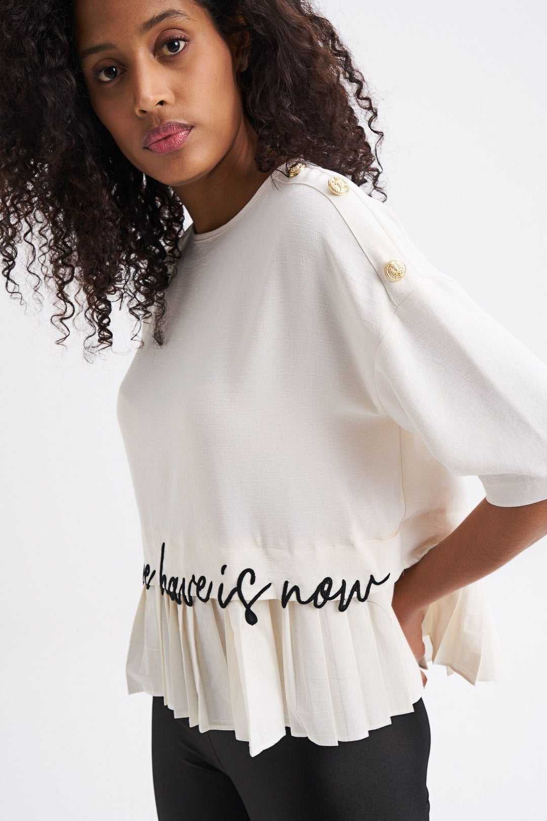 Button Accessory Embroidered Frilly Blouse Ecru