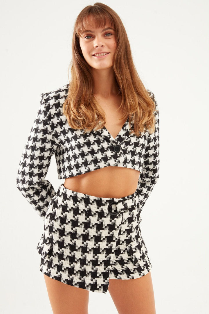 Checkered Tweed Short Skirt Black