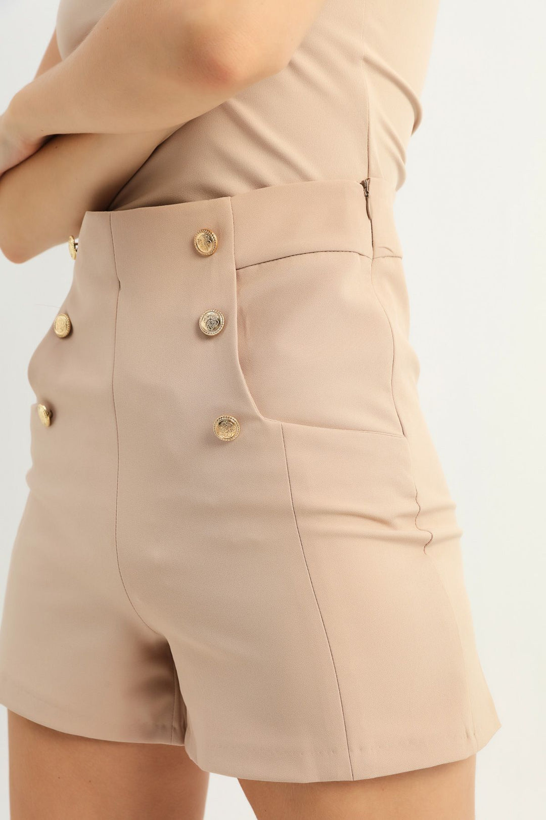 Button Detailed High Waist Shorts Beige
