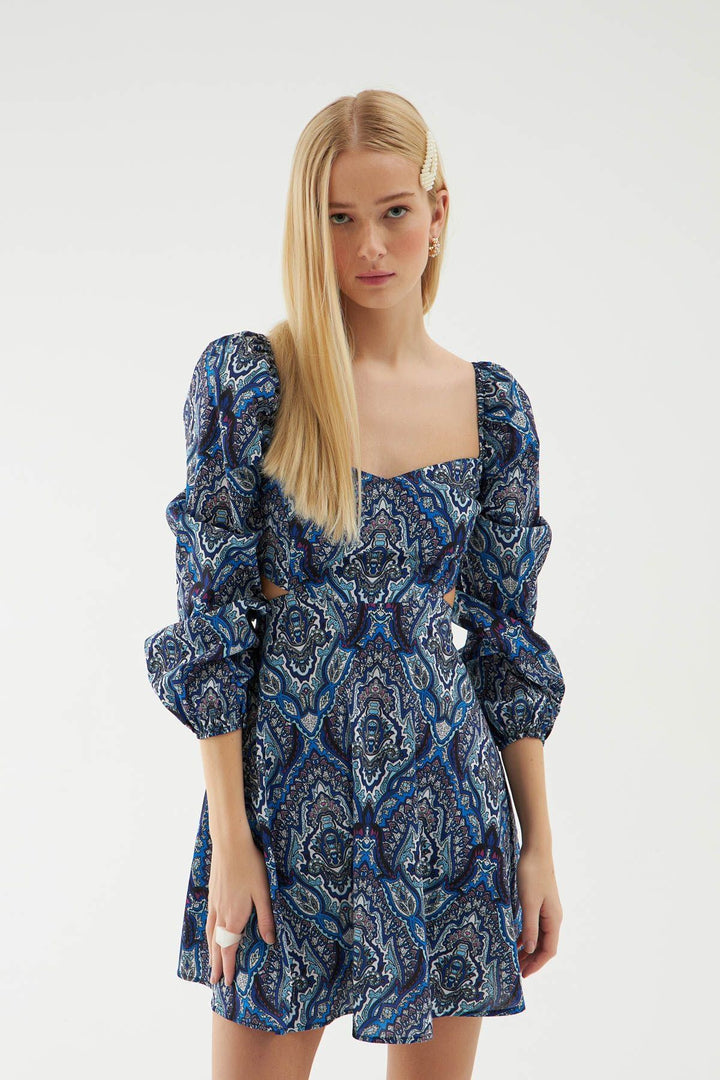 Cut Out Patterned Mini Dress Navy Blue