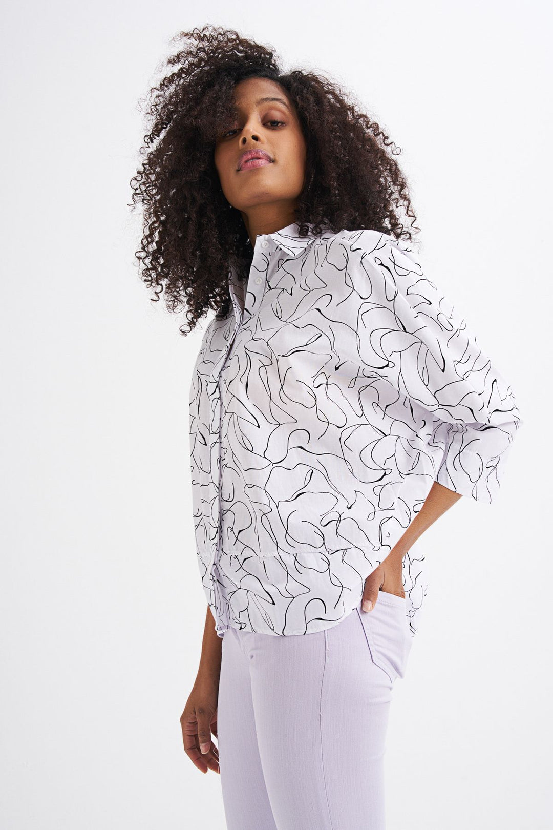 Bat Sleeve Line Printed Shirt Ecru