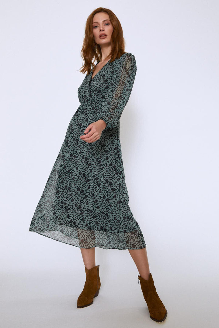 Floral Pattern V Neck Midi Dress Mint