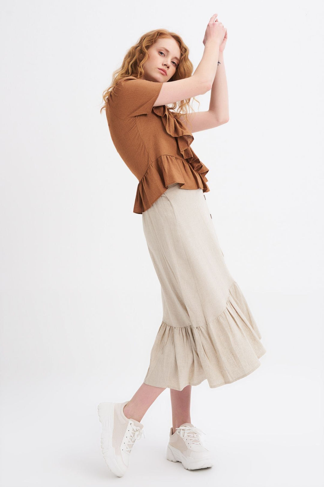 Buttoned Slit Linen Skirt Natural