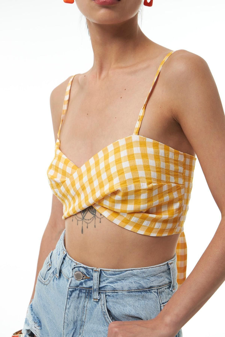 Plaid Knot Detailed Crop Blouse Orange