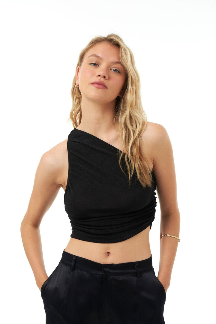 Pleated One-Shoulder Blouse Black