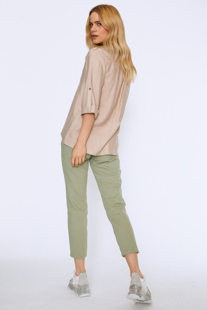 V-Neck Three Quarter Sleeve Shirt Beige