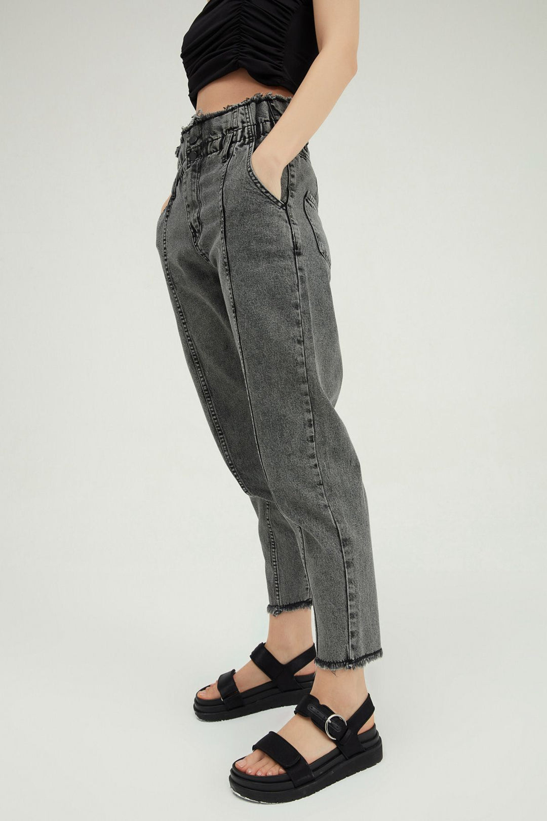 Beli Lastikli Mom Pantolon Gri