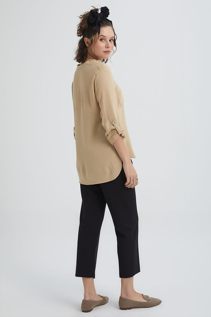 Three Quarter Sleeve Linen Shirt Beige