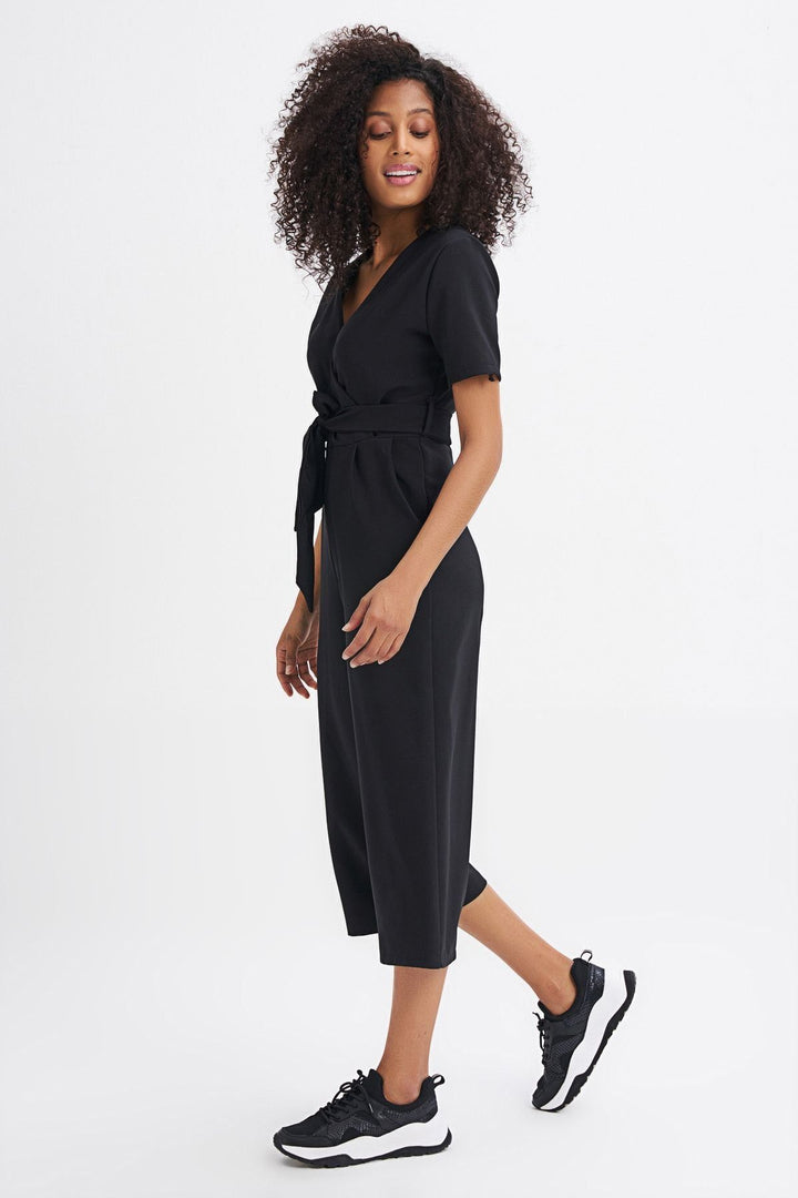 Kruvaze Beli Kuşaklı Tulum Siyah