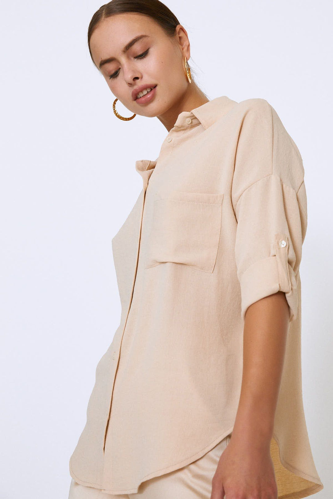 Embroidered Back Three Quarter Sleeve Shirt Stone