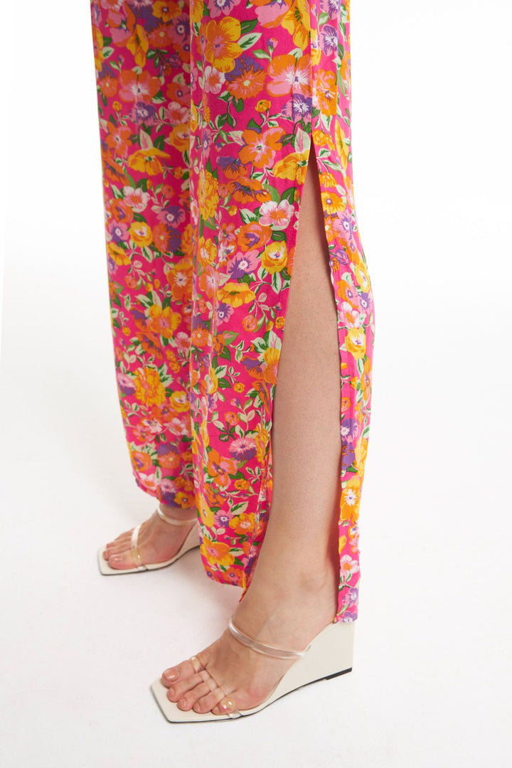 Yanları Yırtmaçlı Desenli Pantolon Pembe