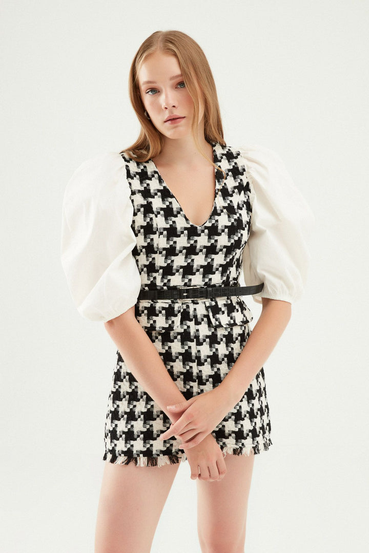 Tweed Balloon Sleeve Shorts Jumpsuit Black