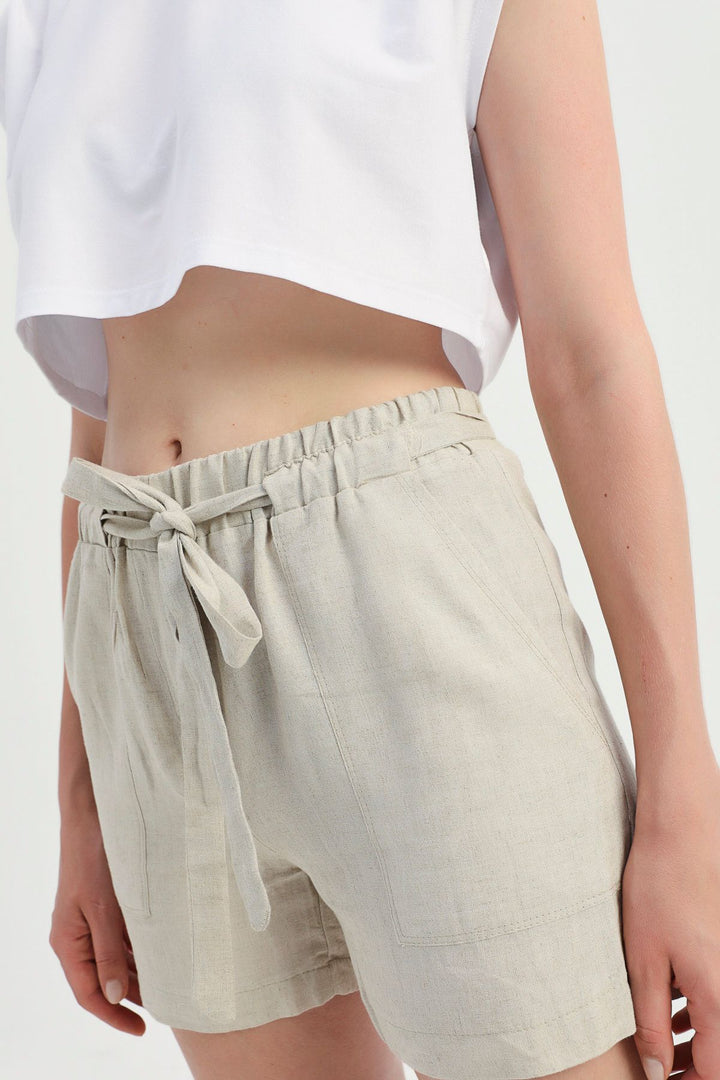 Belted High Waist Linen Shorts Natural
