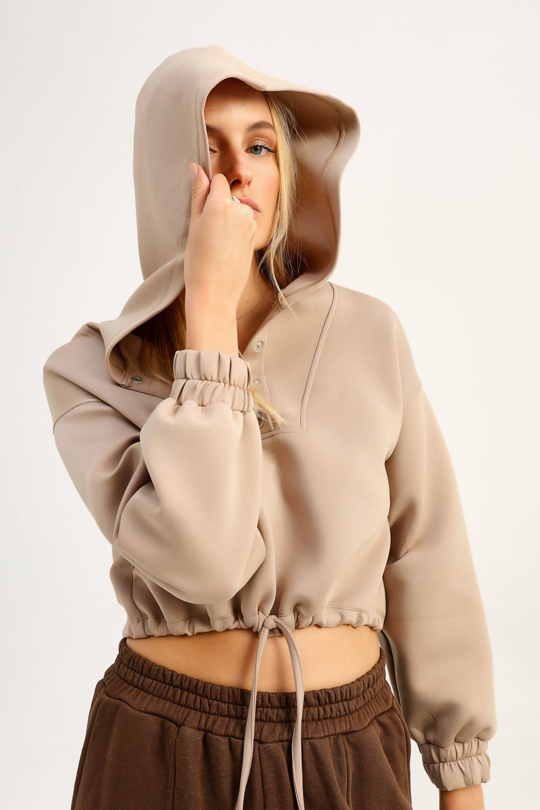 Dalgıç Kumaş Kapüşonlu Sweatshirt Vizon