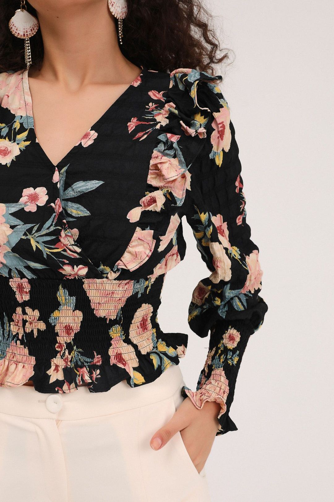 Floral Frilled Double Breasted Blouse Black