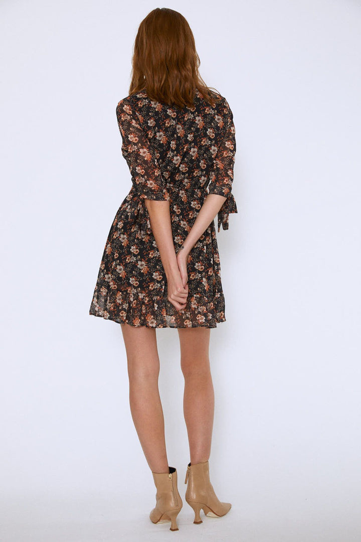 Floral Pattern V Neck Frilly Mini Dress Orange