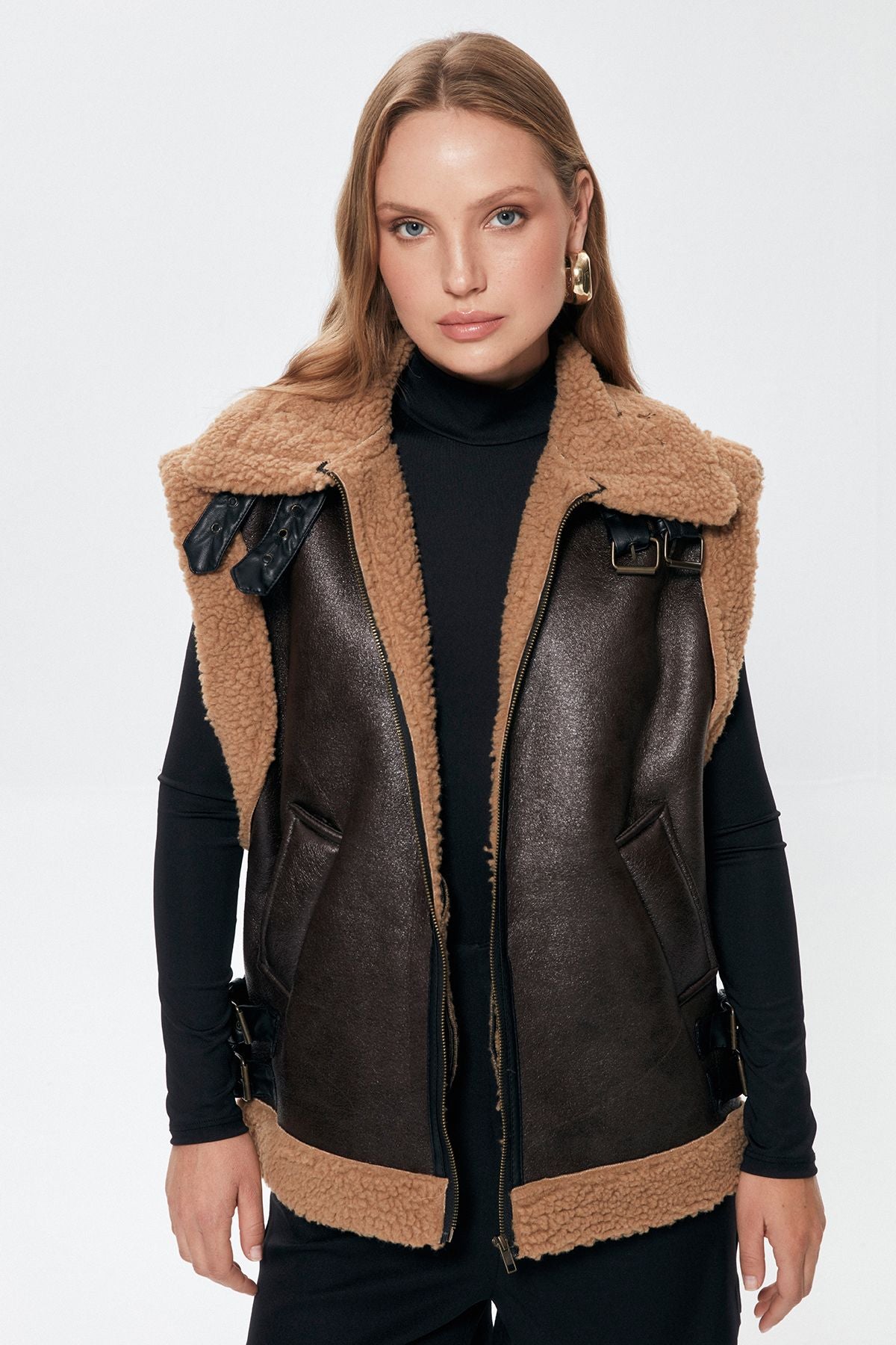 Furry Leather Vest Jacket Brown