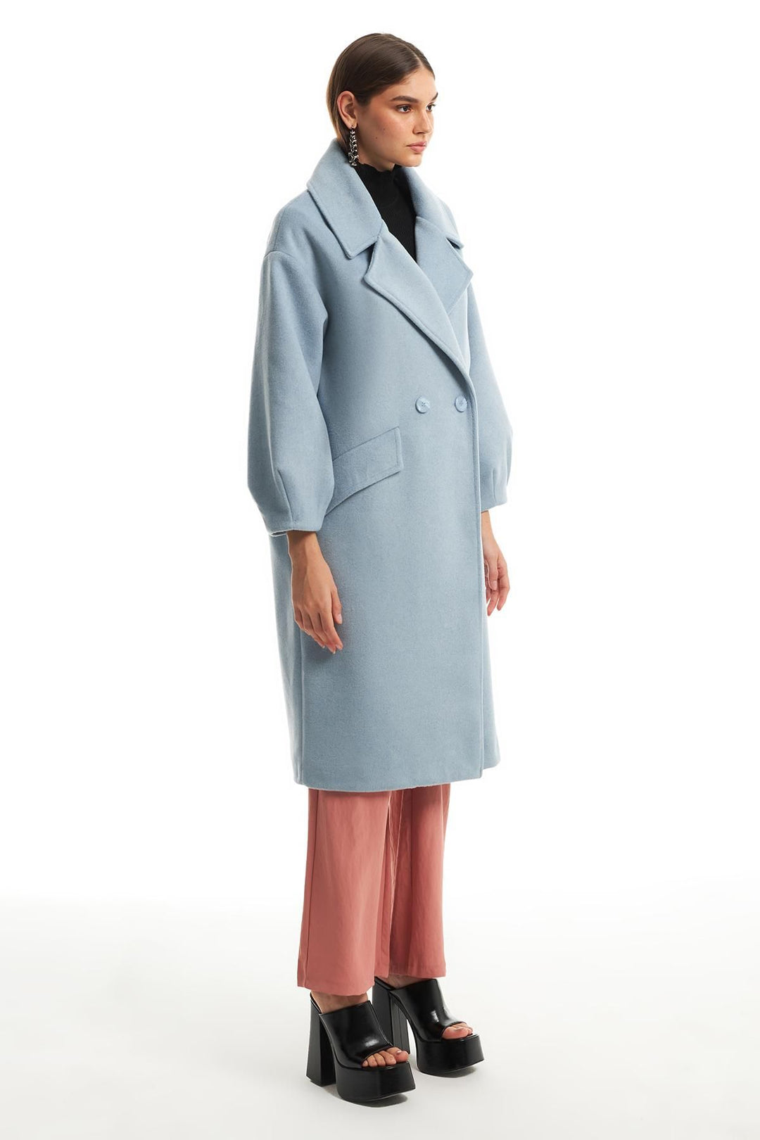 Double Breasted Collar Oversize Coat Blue
