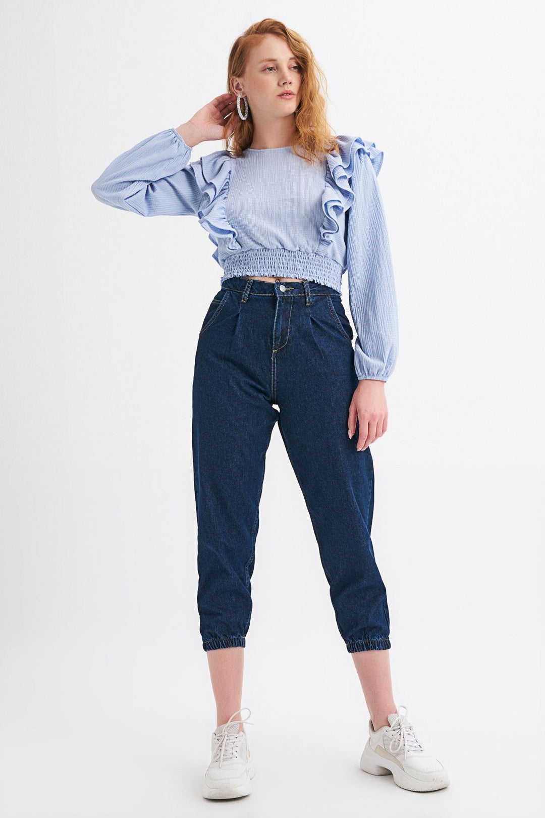 Ruffled Crop Blouse With Waist Gippe Blue