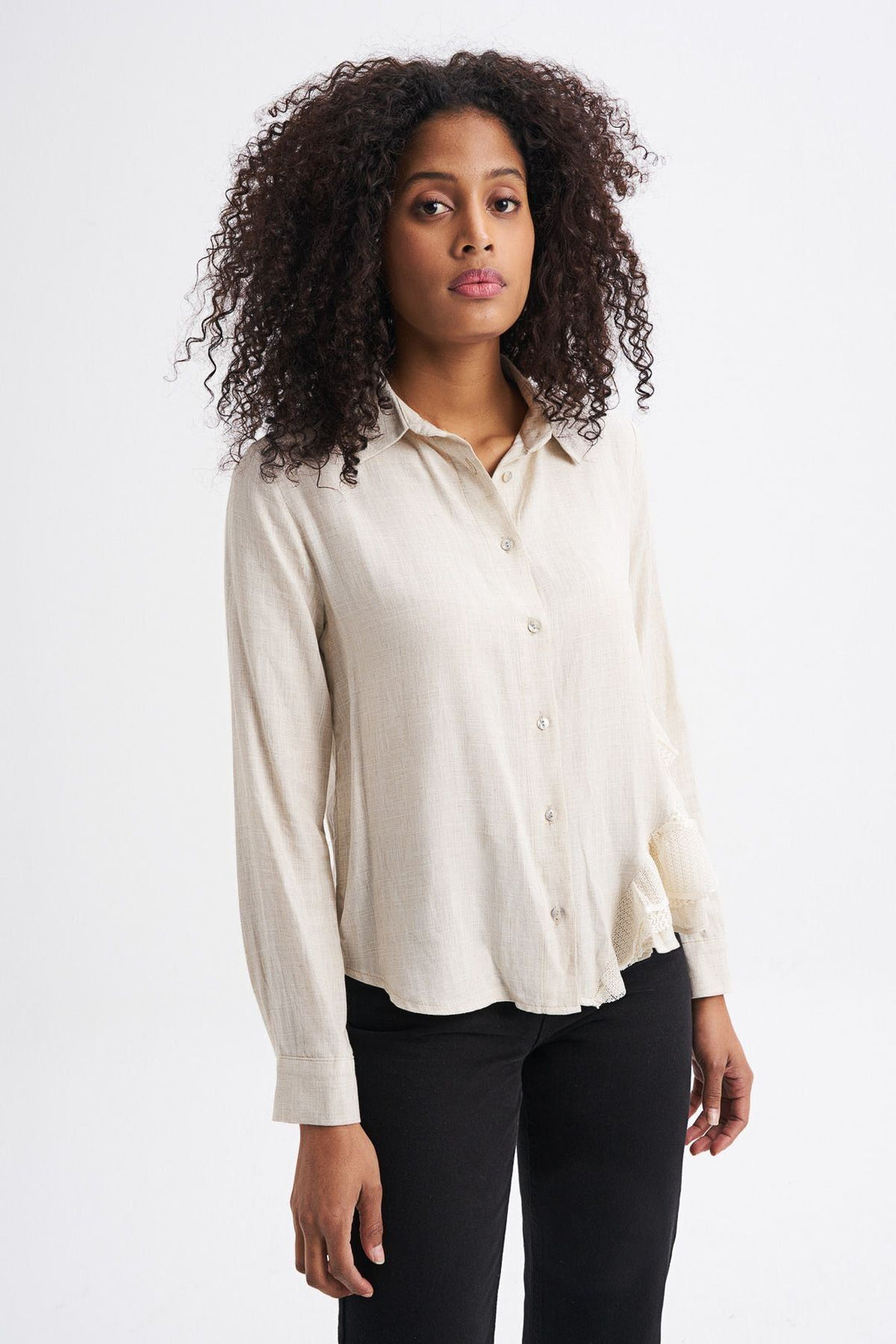 Back Embroidered Ruffle Linen Shirt Natural