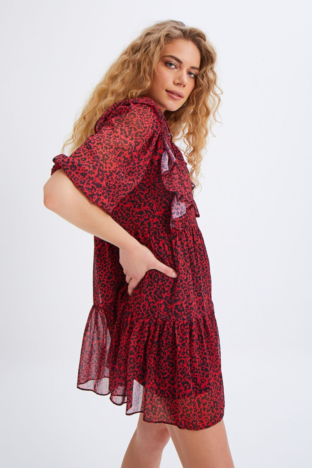 Patterned Ruffle V-Neck Dress Red