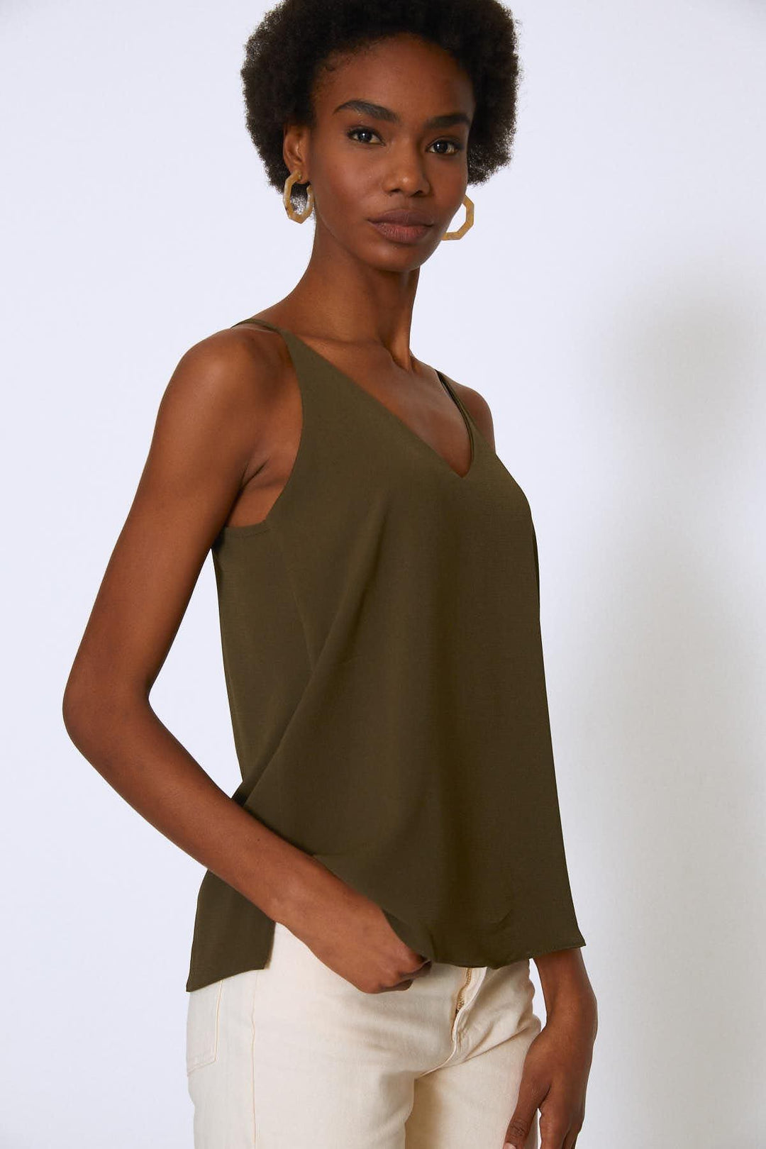 String Strap V Neck Blouse Khaki