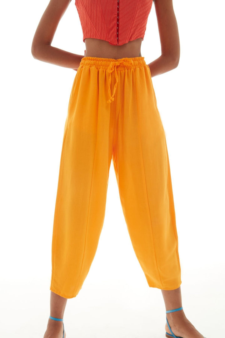 Beli Lastikli Keten Pantolon Turuncu