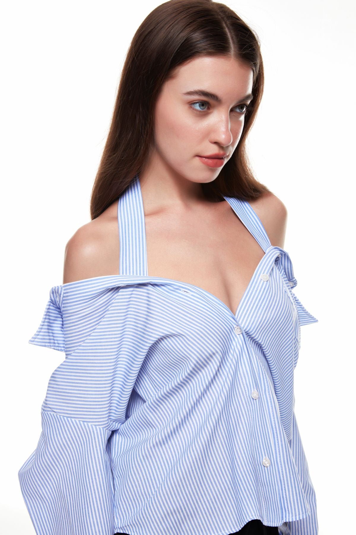 Neck Detailed Striped Shirt Blue