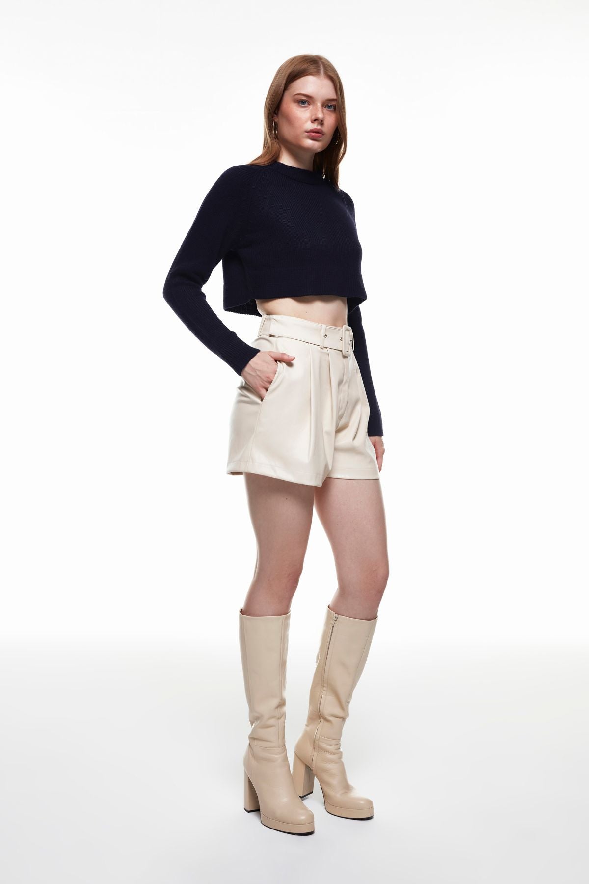 Belted Leather Shorts Stone