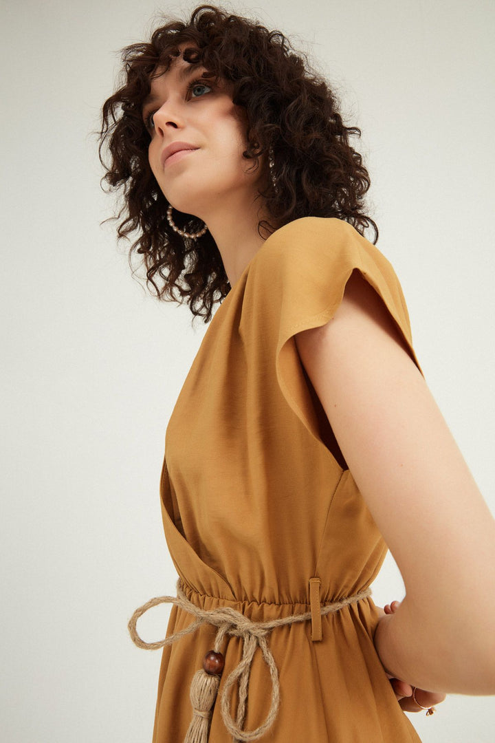 Double Breasted Straw Belt Dress Camel