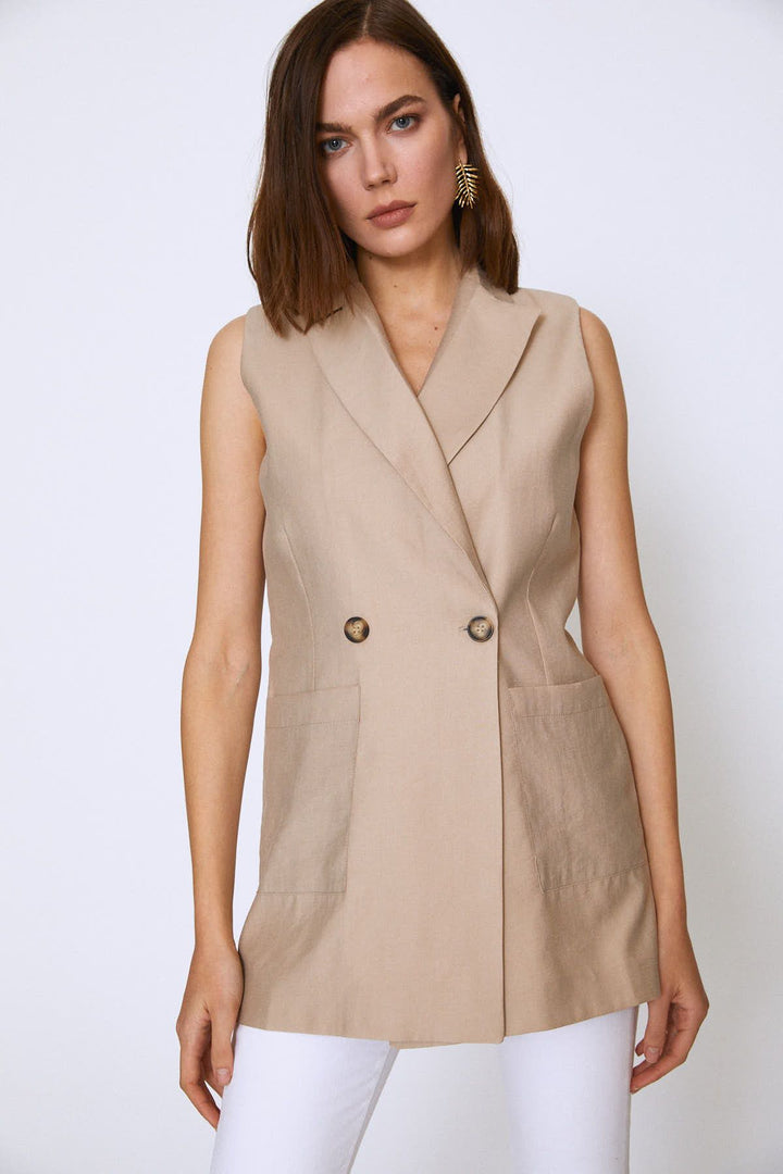 Double Breasted Pocket Sleeveless Jacket Stone