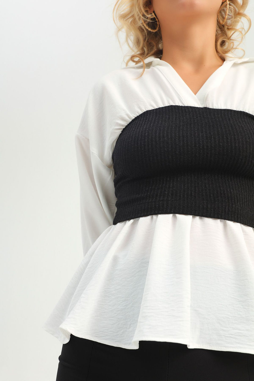 V Yaka Garnili Bluz Ekru