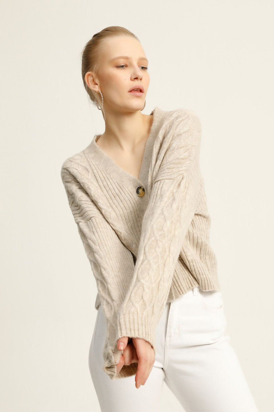 Baklava Desen Düğmeli Hırka Taş