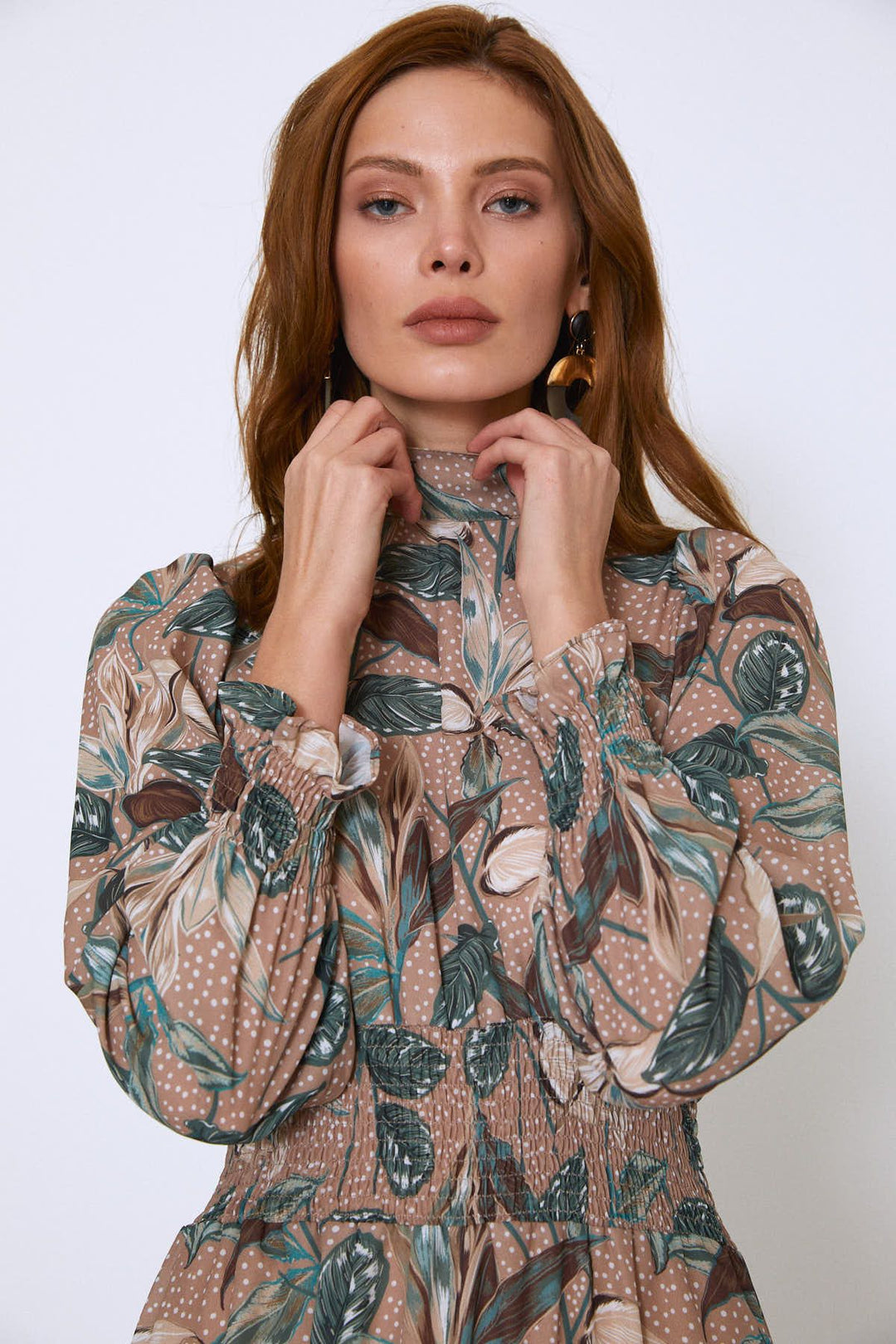 Floral Pattern Dress Camel