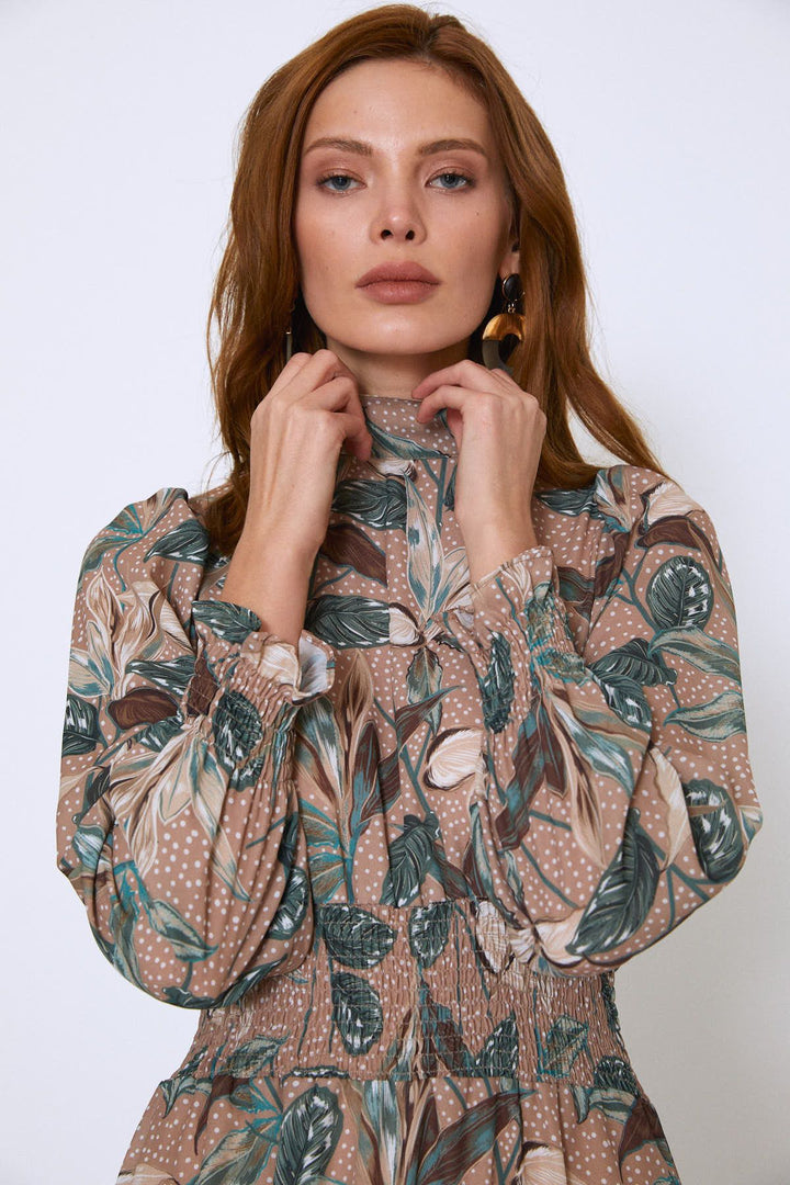 Floral Pattern Dress Camel